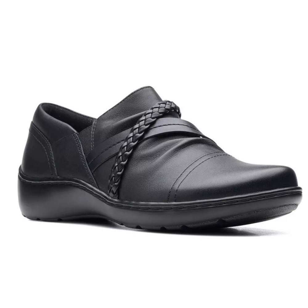 Clarks Cora Black Leather Braid Strap Slip On Loafers Women’s 10M